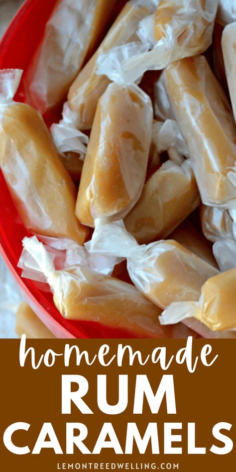 These Homemade Rum Caramels are soft, chewy, and deliciously creamy with a hint of rum flavoring. Best of all, they're individually wrapped and perfect for holiday gifting! Butter Rum Caramels, Cinnamon Caramels, Caramels Homemade, Flavored Caramels, Homemade Carmels, Caramel Candy Recipe, Homemade Rum, Christmas Dessert Cookies, Homemade Caramel Candy