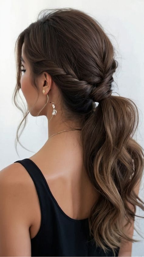 Bride Messy Ponytail, Wedding Bridesmaid Ponytail, Ponytails Hairstyles For Wedding, Bride Hairstyles For Low Back Dress, Bride Hairstyles Out Of Face, Side Hair Do Wedding, Pulled Back Formal Hairstyles, Prom Hairstyles Thick Hair, Bridesmaid Hair Spaghetti Strap Dress