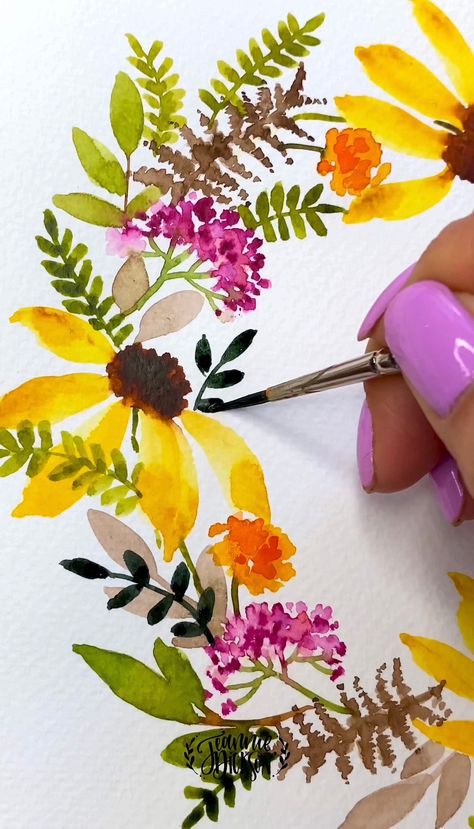 Watercolor Floral Wreaths, Watercolor Floral Wreath Tutorial, Fall Flowers Watercolor Paintings, How To Paint Fall Flowers, Watercolor Wreath Floral Tutorial, Fall Floral Watercolor, Watercolor Wreath Simple, Watercolor Wreaths Floral, Autumn Flowers Painting