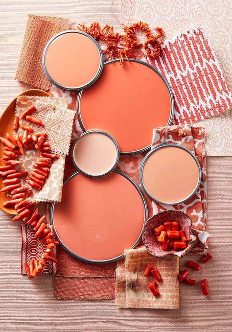 coral-paint-lids-fabric-beads-a6319ddf Coral Paint Colors, Orange Paint Colors, Coastal Paint, Top Paint Colors, Deco Orange, Stairs Landing, Yellow Paint Colors, Pink Paint Colors, Trending Paint Colors