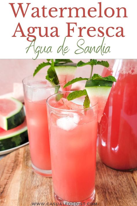 This refreshing watermelon agua fresca recipe is a delicious summer drink idea.This easy and authentic Mexican agua de sandia recipe is a delicious non-alcoholic drink recipe perfect for summer. Watermelon agua fresca is easy to make and a great drink idea for any summer party including cookouts, July Fourth, pool parties and cinco de mayo. The best watermelon agua fresca recipe. www.casualfoodist.com Drinks Virgin, Watermelon Agua Fresca, Juice Watermelon, Agua Fresca Recipe, Alcoholic Punch Recipes, Watermelon Water, Yummy Summer Drinks, Perfect Summer Drink, Summer Drink Recipes