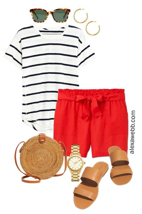 Plus Size Red Linen Shorts - Plus Size Red Linen Shorts with Navy and White Stripe Tee, Crossbody Rattan Bag, and Flat Sandals - Alexa Webb #plussize #alexawebb Red Shorts Outfit Summer, Red Shorts Outfit, Striped Shorts Outfit, Outfits 20s, Linen Shorts Outfit, Hot Summer Looks, Spring Teacher Outfits, Alexa Webb, Outfit Shorts