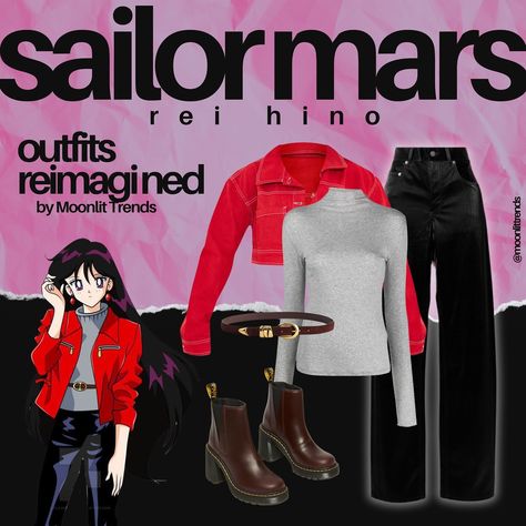 Outfits Reimagined | Sailor Mars aka Rei Hino (my favorite sailor guardian) ✨ Which outfit is your fave? ✨ #outfits #outfitsinspo #sailormoon #sailormars #rei #reihino #reihinosailormars #cristinavee #styleinspo #stylish #style #stylist #styleblogger #fashion #fashionstyle #fashionblogger Sailor Moon Fashion Inspired Outfits, Sailor Mercury Outfit, Sailor Mars Outfit, Sailor Moon Inspired Outfits, Moon Inspired Outfits, Cristina Vee, Sailor Moon Inspired, Sailor Moon Fashion, Moon Fashion