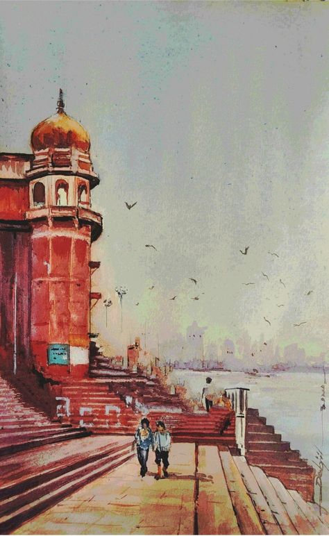 Banaras Drawings, Indian Monuments Paintings, Indian Landscape Paintings, Indian Architecture Painting, Banaras Ghat Painting, Banaras Painting, Varanasi Pictures, Varanasi Painting, Vertical Paintings