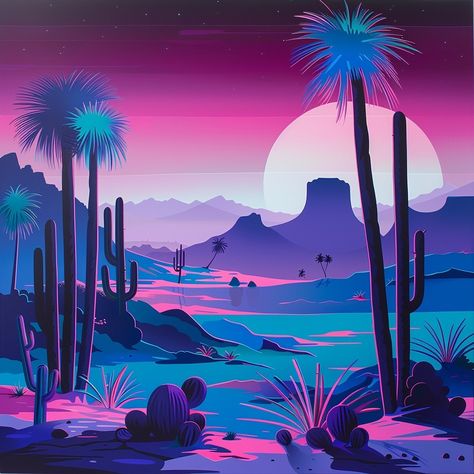 Step into a surreal, neon-lit desert mirage where 80s sophistication meets futuristic fantasy. 🌵✨ Against a twilight sky bathed in shades of purple, pink, and teal, mountains rise in the distance. Palm trees and cacti silhouettes create a striking contrast with the glowing oasis. Ready to get lost in the allure of the neon desert? 🌌🔥 #RadUniverse #NeonDesert #80sVibes #RetroFuturism #ArtOfThe80s #SurrealArt #VintageVibes Neon Desert, Desert Mirage, Cactus Silhouette, Twilight Sky, 80s Vibes, Painting Inspo, Retro Futurism, Surreal Art, Vintage Vibes