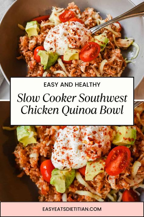 This slow cooker southwest chicken quinoa bowl is perfect for dinner or meal prep & requires only 4 ingredients & 5 minutes of prep time! #slowcooker #crockpot #easycrockpotrecipes #fallrecipes #summerrecipes #fallslowcookerrecipes #4ingredientdinner #4ingredientslowcooker Slow Cooker Lunch Meal Prep, Healthy Crockpot Meal Prep, Chicken Quinoa Bowl, Crockpot Meal Prep, Fall Slow Cooker Recipes, Mexican Quinoa, Chicken Tacos Crockpot, Crock Pot Tacos, Southwest Chicken