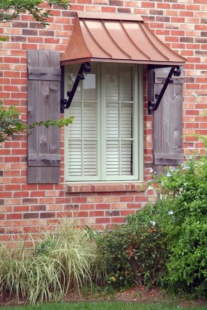 Juliet style awning - Copper with the Double S scrolls Outdoor Window Awnings, Copper Awning, Awning Ideas, French Country Exterior, House Awnings, Porch Awning, Metal Awning, Window Canopy, Window Awning