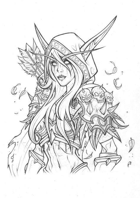 Sylvanas Windrunner Drawing, Rachael May on ArtStation at https://www.artstation.com/artwork/Ay9bq Skyrim Coloring Pages, Warcraft Drawing, D&d Coloring Pages, Lady Sylvanas Windrunner, World Of Warcraft Coloring Pages, Wow Sylvanas Windrunner, Elf Drawings, Sylvanas Windrunner, World Of Warcraft Characters