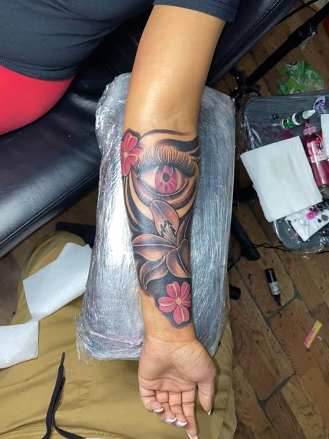 Baddie Tattoo Ideas Female Leg Sleeve, Half Sleeve Tattoos For Women Upper Arm Color, Michaelacore Aesthetic, Dope Forearm Tattoos, Medium Sized Tattoos For Women, Tattoo Ideas Female Cover Up, Cute Sleeve Tattoos For Women, Baddie Tattoos Arm, Front Arm Tattoo Woman