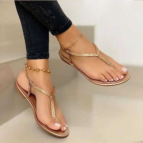 Ladies Sandals 2022 New Summer Rome Fashion Rhinestone Thong Flat Sandals Seaside Beach Casual Sandals Back Strap Plus Size 43. US $7.35 🛒❤💯 Buy:https://s.click.aliexpress.com/e/_DBpLNAX #womensfashion #women #style #summertime #shoes #casual #sandals #Slippers #female Plastic Sandals, Trendy Beach, Rhinestone Flats, Outdoor Slippers, Sandals Casual, Summer Slippers, Rhinestone Sandals, Beach Flip Flops, Jelly Sandals