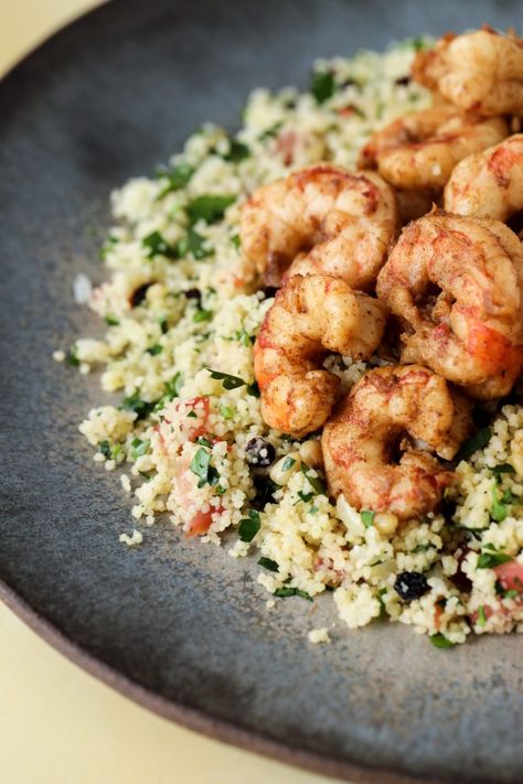 Picture of shrimp with couscous Spiced Shrimp, Making Couscous, Moroccan Couscous, Omaha Steaks, Peanut Dipping Sauces, Instant Rice, Couscous Recipes, Sauteed Shrimp, Frozen Shrimp