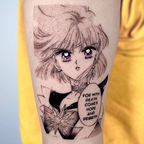 Sailor Saturn Tattoo Ideas, Sailor Uranus Tattoo, Sailor Moon Manga Tattoo, Usagi Tattoo, Sailor Pluto Tattoo, Sailor Saturn Tattoo, Sailor Moon Tattoo Minimalist, Sailor Jupiter Tattoo, Sailor Moon Tattoo Ideas