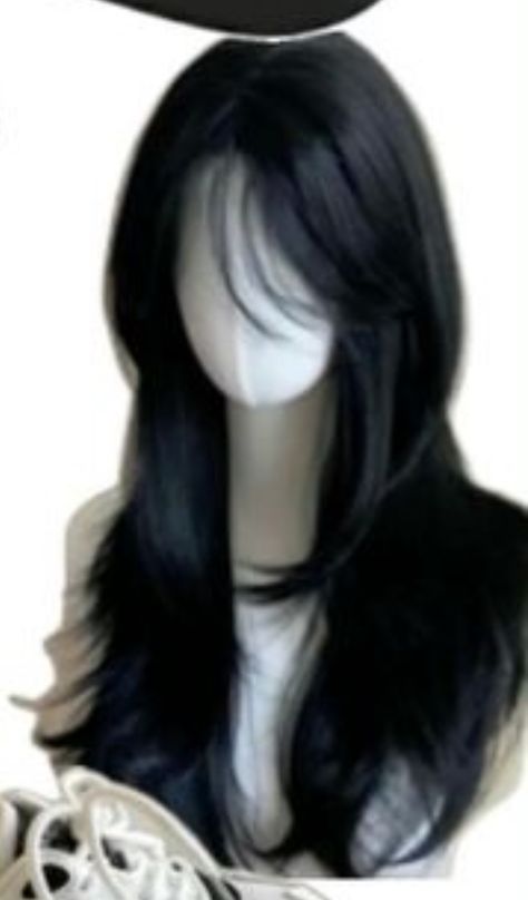 Long Black Hair Front View, Black Hair Front View, Hair Front View, Oc Hairstyles, Dr Claims, Wolf Cut Long Hair, Medium Haircuts With Bangs, Wolf Cuts, Wolf Cut Long