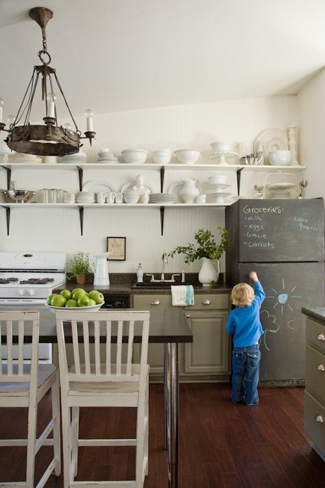 laurensfridge Chalkboard Fridge, Shelving In Kitchen, Eclectic Kitchen, Open Kitchen Shelves, White Shelves, Chalkboard Paint, Kitchen Redo, The Design Files, Kitchen Shelves