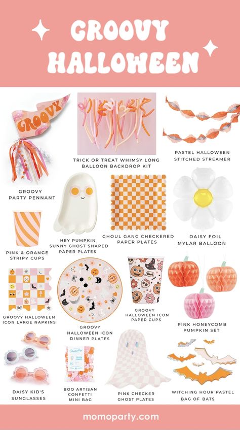 Pink Orange Halloween Party, Groovy Halloween Birthday Party, Groovy Halloween Birthday, Pink Halloween Party Ideas, Groovy Ghost Party, Pink And Orange Halloween Party, Preppy Halloween Party, Groovy Halloween Decor, Hippie Halloween Party