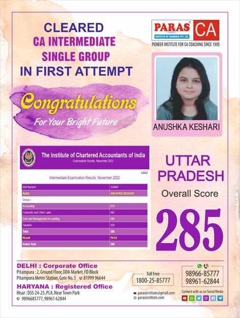 Our student Our Pride Anushka Keshari cleared CA Intermediate Nov 2022 Exam Both groups in the first attempt If you also want to score good marks and clear CA Inter in the first attempt, Enroll with us! For any Query About CA Course Call us on our Tollfree no.18002585777 or Message us on Whatsapp & Telegram:- 9896162844 | 98966 85777 Ca Intermediate, Good Marks, Examination Results, Chartered Accountant, Corporate Office, Metro Station, Bright Future, Accounting, Quick Saves