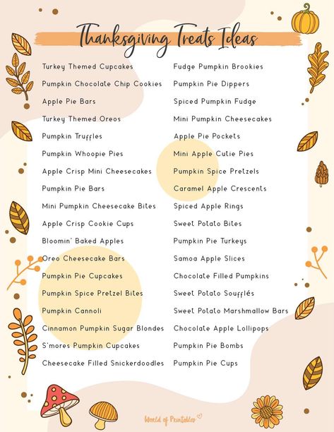 Sweeten up your Thanksgiving celebration with our printable list of delectable treat ideas. From pumpkin pies to caramel apples and more, this handy guide has you covered with delicious dessert options. Thanksgiving Dinner List, Thanksgiving Menu List, Thanksgiving Food List, Traditional Thanksgiving Dinner Menu, Thanksgiving List, Classic Thanksgiving Menu, Thanksgiving Checklist, Sweet Potatoes With Marshmallows, Traditional Thanksgiving Dinner