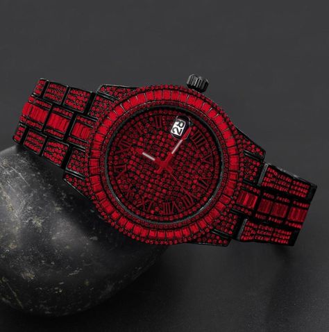 Hip hop, fully iced out, all bling, red sparkling stones, Mens fashion watch.excellent quality with AAA CZ. 39mm length. Watches don't come sized. They will need to be sized. Iced Out Watch, Wow Photo, Fire Jewelry, Red Watch, Fancy Watches, Metal Watch, Watch Set, Expensive Jewelry Luxury, Ice Watch