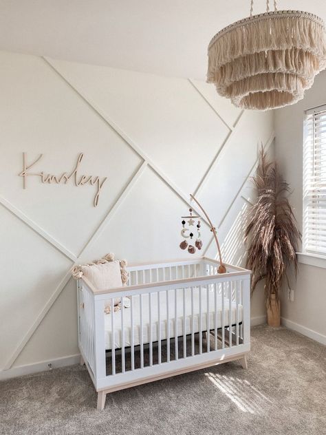 Girl Baby Rooms Nurseries, Wood Panel Nursery, Wood Wall Design Ideas Nursery, Pink Accent Wall Nursery Baby, Lights For Nurserys, Trim Accent Wall Nursery, Neutral Baby Rooms, Nursery Wanescoating Accent Wall, Baby Girl Nursery Mural