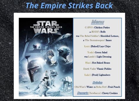 Star Wars Dinner And A Movie, Star Wars Dinner, Movie Meals, Disney Movie Night Menu, Movie Bingo, Movie Recipes, Disney Movie Night Dinner, Movie Night Dinner, Lays Chips