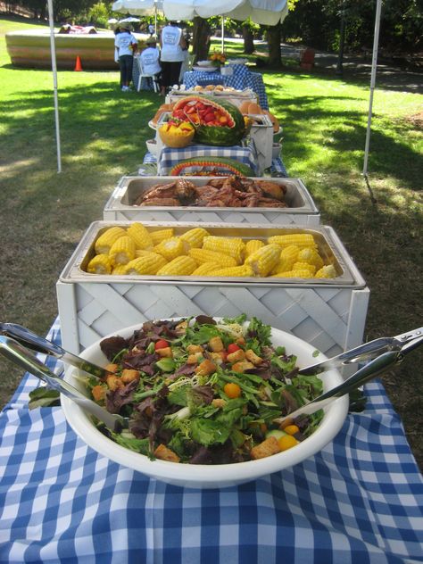 A Picnic Time buffet, using our white buffet equipment on blue gingham linen. We custom-made these white chafing dish covers. Our clients love them! Backyard Bbq Party, Catering Display, Reception Food, Party Catering, Chafing Dishes, Catering Food, Food Displays, Party Buffet, Picnic Time