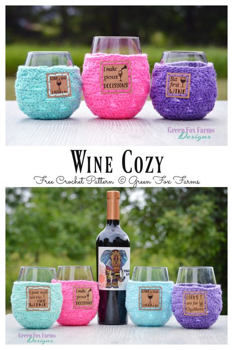 Wine Cozy Crochet Free Pattern - Crochet & Knitting Mason Jar Cozy, Drink Cozies, Teapot Cozy, Crochet Cup Cozy, Crochet Cozy, Cozy Crochet Patterns, Pumpkin Projects, Crochet Kitchen, Cup Design