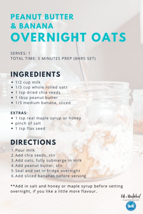 Peanut Butter & Banana Overnight Oats - Kels in Wonderland Overnight Peanut Butter Banana Oats, Easy Peanut Butter Overnight Oats, Peanut Butter Oats Overnight, Overnight Peanut Butter Oats, Overnight Oats Kids Will Eat, Overnight Banana Oats, Banana Overnight Oats Healthy, Overnight Oats For Kids, How To Make Overnight Oats