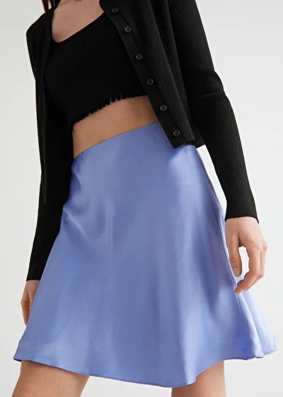 Satin Mini Skirt, Lilac Blue, Blue Florals, Cardigan Outfits, Platform Sandals Heels, Blue Skirt, Fashion Story, Cropped Cardigan, Cardigan Tops