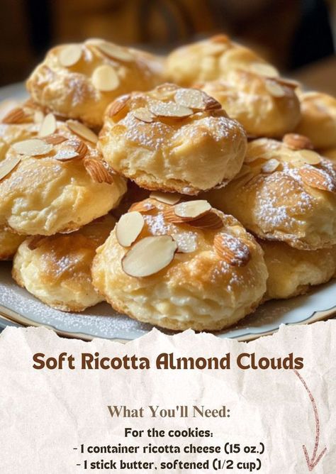 Recipes Vibes - Soft Ricotta Almond Clouds  Ingredients:... Creamy Ricotta Almond Pillows, Soft Almond Pillow Cookies, Italian Almond Ricotta Cookies, Soft Ricotta Almond Pillows, Almond Ricotta Cookies, Flavored Almonds Recipe, Ricotta Desserts, Ricotta Cream, Ricotta Cheese Recipes