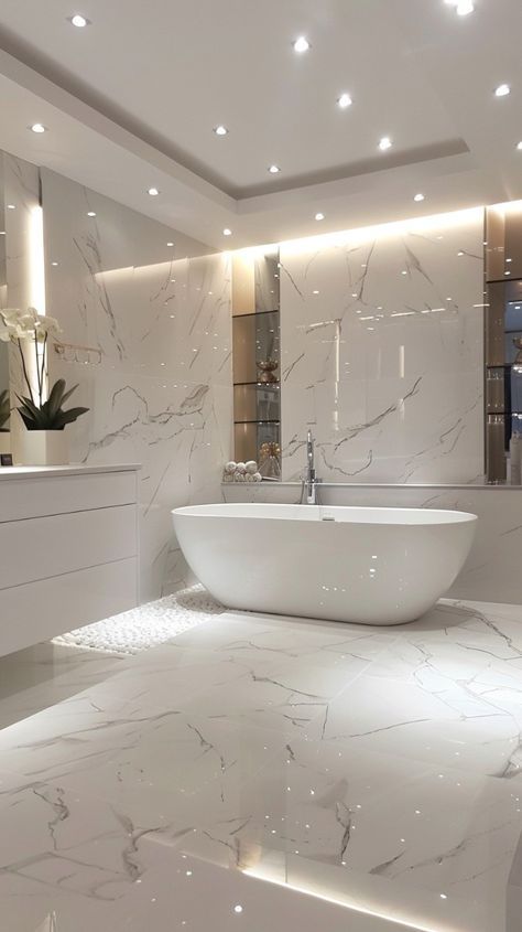 White Master Bath Ideas, Master Bathrooms Luxury, White Modern Bathroom, All White Bathroom, Modern Luxury Bathroom, Bathroom Inspiration Modern, Dream Apartment Decor, Bathroom Remodel Shower, Big Bathrooms