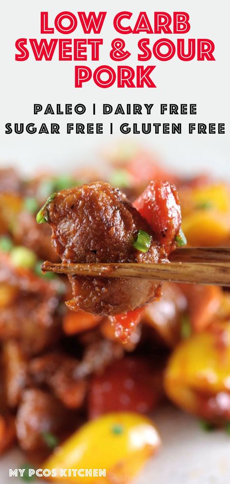 Low Carb Paleo Sweet and Sour Pork - A gluten-free, starch-free and sugar-free sweet and sour sauce coating some delicious fried pork roast pieces and peppers. This delicious, healthy weeknight meal comes together in just 20 minutes! Perfect healthy comfort food for fall and winter! #keto #paleo #lowcarb #lchf #chinese Gluten Free Sweet And Sour Pork, Keto Asian Pork Recipes, Sugar Free Dinner Ideas, Keto Pork Recipes For Dinner, Healthy Sweet And Sour Pork, Low Carb Pork Belly Recipes, Low Carb Pork Roast Recipes, Keto Pork Recipes Low Carb, Keto Sweet And Sour Pork