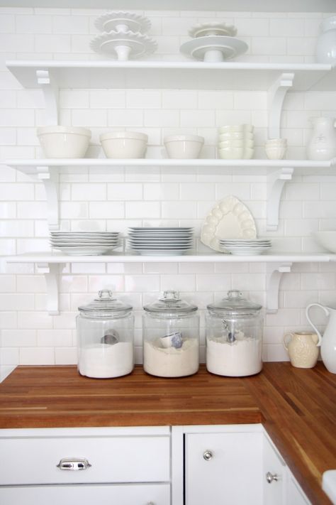 Decorating with Glass Canisters in the Kitchen | ANDERSON+GRANT Butcher Block Ideas, Kitchen Shelf Brackets, Kitchen Countertop Storage, White Dishes, Glass Canisters, Kitchen Redo, Kitchen Photos, Trendy Kitchen, Open Shelves