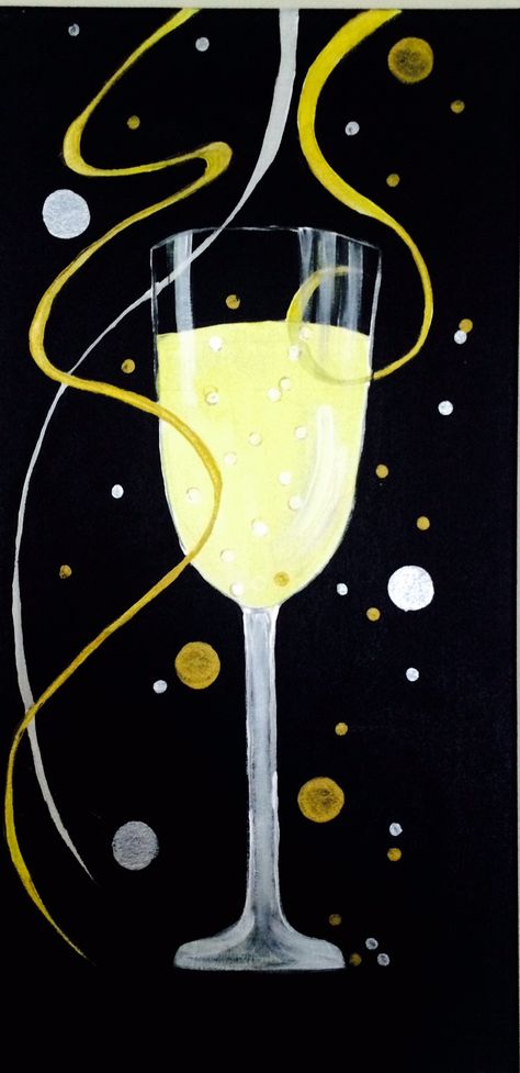 Cheers! Happy New Year! Raise a glass as we celebrate 2015. Silver and gold confetti and streamers decorate this lively canvas. Let's Paint Tonight Inlandempire Events chino hills New Year Art, Wine And Canvas, Canvas Art Projects, Chino Hills, Lotus Art, Sip N Paint, Paint Nite, Inland Empire, Holiday Painting