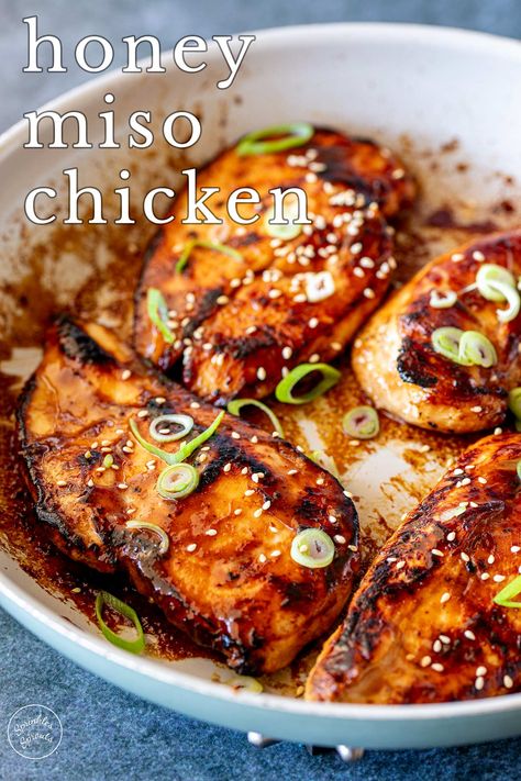 For a quick, flavorful dinner, this Honey Miso Chicken cooked in a skillet is an absolute must-try! The chicken breasts are marinated in a delicious mix of sweet honey and savory miso and are seared to golden perfection. The miso and honey work together beautifully, balancing each other out, while the skillet ensures the chicken stays juicy on the inside and gets a gorgeous caramelized crust on the outside. Served with sticky rice, it's a quick, easy meal that's bursting with flavor! Asian Chicken Breast Recipes, Chicken Breast Recipes Dinners, Sprouts Recipes, Miso Recipe, Miso Chicken, Honey Glazed Chicken, Flavorful Dinner, Marinating Chicken Breast, Glazed Chicken