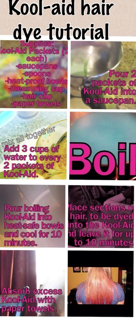 Kool-aid hair due tutorial Koolaid Recipes, Kool Aid Hair Dye, Easy School Hairstyles, Hair Dye Tutorial, Kool Aid Hair, Toner For Blonde Hair, Hair Growth Spray, Hair Due, Hair Supplies