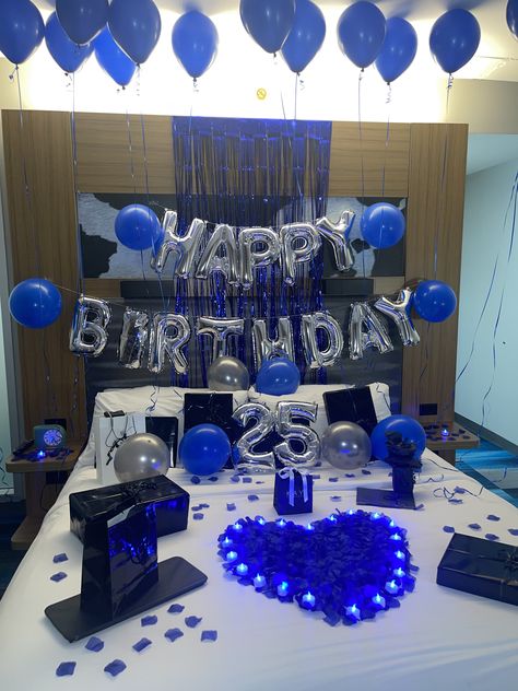 Room Decoration For Birthday Boyfriend, Bf 25th Birthday Ideas, Men’s Birthday Room Decor, Guy Birthday Setup, Boyfriends Birthday Outfit Ideas, Bday Decorations For Boyfriend, Birthday Things For Boyfriend, Blue Decorated Hotel Room For Boyfriend, Birthday Rooms For Boyfriend