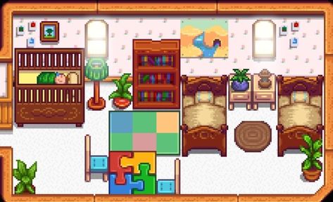 Nursery Stardew Valley, Stardew Nursery Design, Stardew Valley Nursery Ideas, Stardew Nursery, Stardew Valley Nursery, Stardew Interior, Stardew Ideas, Stardew Valley Layout, Stardew Valley Tips