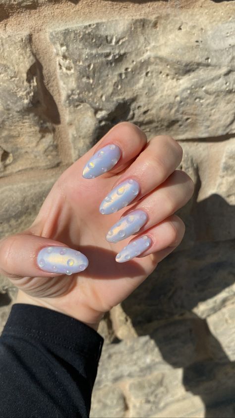 Blue chrome rain nails Rain Drop Nails Design, Water Drops Nails, Nails With Water Drops, Dew Drop Nails, Waterdrop Nails, Rain Drop Nails, Monsoon Nails, Water Droplet Nails, Water Drop Nails