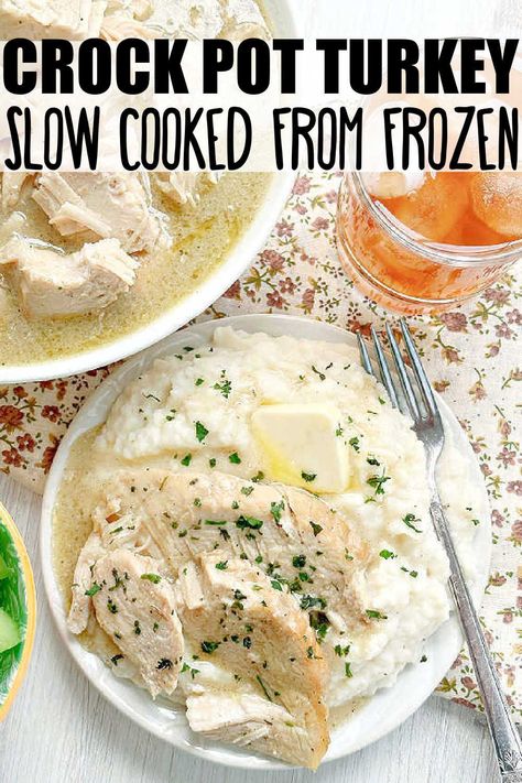 Learn how to cook a turkey breast from frozen in your Crock Pot, complete with delicious gravy made with my microwave roux. via @foodtasticmom Frozen Boneless Turkey Breast Crockpot, Frozen Turkey Breast In Crockpot, Frozen Turkey Breast, Cooking A Frozen Turkey, Turkey Breast Crockpot, Turkey Crockpot Recipes, Dinner 2023, Cook A Turkey, Butterball Turkey