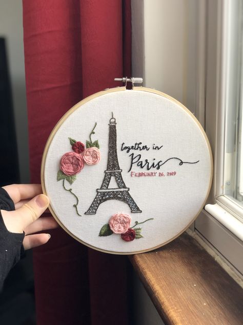 Paris embroidery hoop engagement gift Paris Embroidery Design, Paris Embroidery Patterns, Vingert Embroidery Pattern, Engagement Embroidery, Embroidery Engagement, Paris Embroidery, Embroidery Hoop Art Diy, Embroidery Hoop Crafts, Hand Embroidery Patterns Free