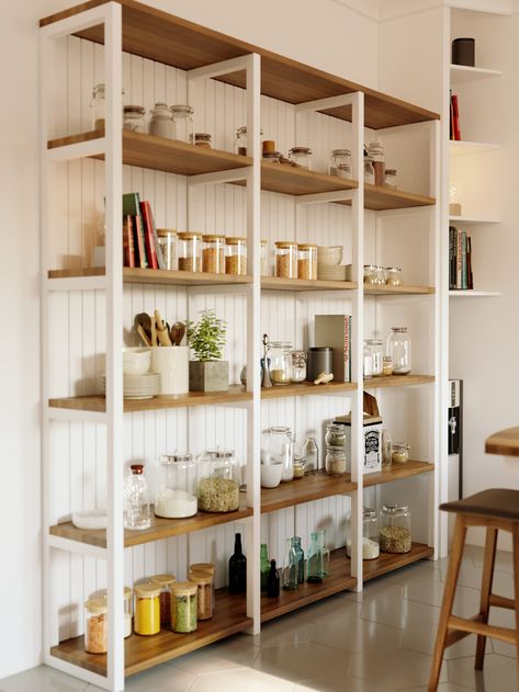 Scandinavian kitchen on Behance Kitchen Pantry Shelving Ideas, Cozy Modern Aesthetic, Kitchen Pantry Shelving, Pantry Shelving Ideas, Pantry Space, Store Shelves Design, Farmhouse Pantry, Almaty Kazakhstan, Pantry Remodel