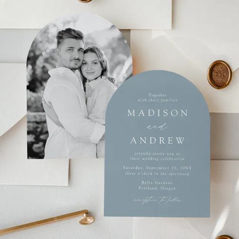 AD: Elevate your wedding stationery with our minimalist and modern arch-shaped wedding invitations, crafted to make a timeless statement. Featuring elegant white lettering and calligraphy script on a serene dusty blue background, these invitations exude sophistication and contemporary charm. The unique arch shape brings a stylish and distinctive flair, making them perfect for weddings in any season. Customize the back with your vertical engagement photo to create a personalized design. Arch Wedding Invitation, Photo Arch, Timeless Color Palette, Arch Shape, Arch Wedding, Sophisticated Wedding, Green Photo, Calligraphy Script, Rose Photos