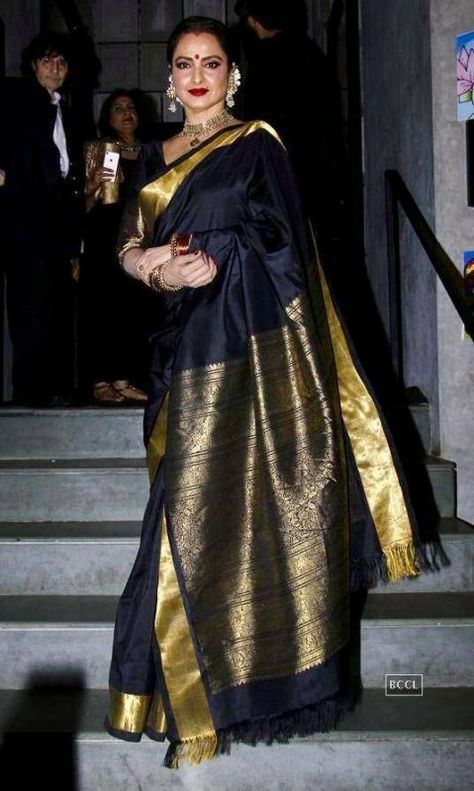 Black Silk Saree, Rekha Saree, Kanjivaram Sarees Silk, Banarsi Saree, Silk Saree Kanchipuram, Modern Saree, Eternal Beauty, Indian Woman, Black Saree