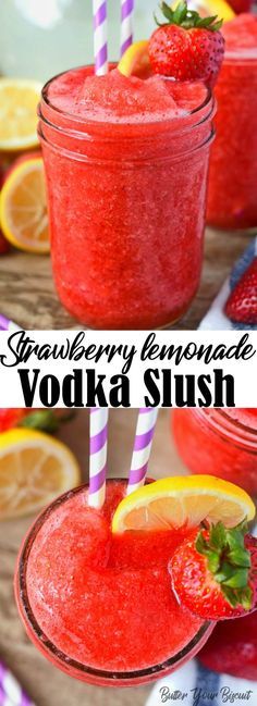 Minuman Vodka, Vodka Slush, Frozen Strawberry Lemonade, Slush Recipes, Strawberry Vodka, Alcholic Drinks, Jello Shot, Perfect Summer Drink, Fest Mad