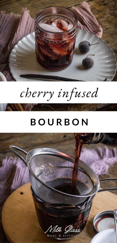 This simple cherry infused bourbon recipe is made with dried cherries for a concentrated pop of cherry flavor! Perfect for the holidays. Dried Cherries Recipes, Cherry Bounce, Infused Bourbon, Cherry Bourbon, Cherry Scones, Bourbon Cherries, Bourbon Recipes, Cherry Cordial, Cocktail Serving