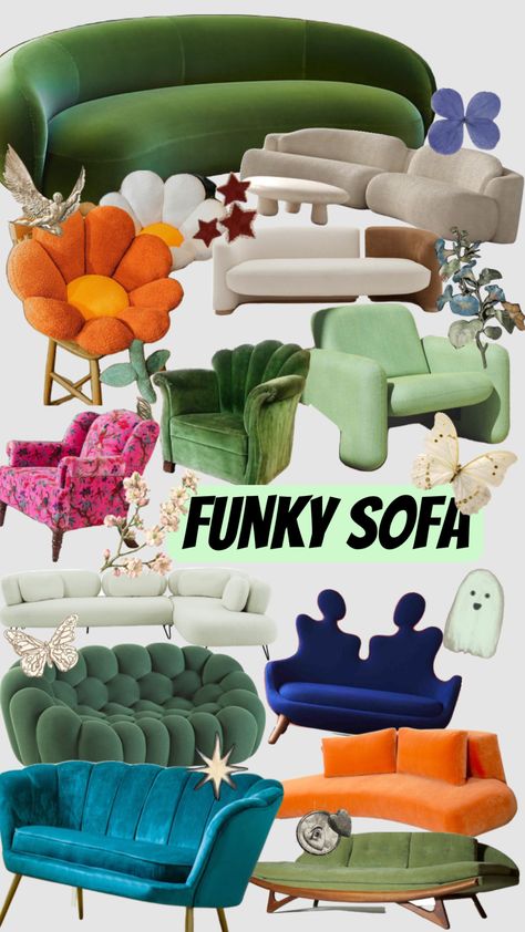 Funky Couches, Funky Couch, Retro Modern Living Room, Fall Office Decor, Funky Sofa, Retro Room Ideas, Mystical Halloween, Cat Decorations, Peacock Room