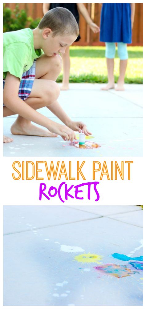 Sidewalk Paint Rockets: A science experiment, crowd pleaser, and summer boredom buster all in one! Sidewalk paint rockets! We made an entire rainbow of them and had fun setting them off and decorating the sidewalk in the back yard. The kids had friends over and everyone got involved with the mess! Diy Sidewalk Chalk Paint, Diy Sidewalk Chalk, Diy Sidewalk, Simple Art Activity, Sidewalk Chalk Paint, Sidewalk Paint, Summer Boredom, Liquid Chalk, Summer Crafts For Kids