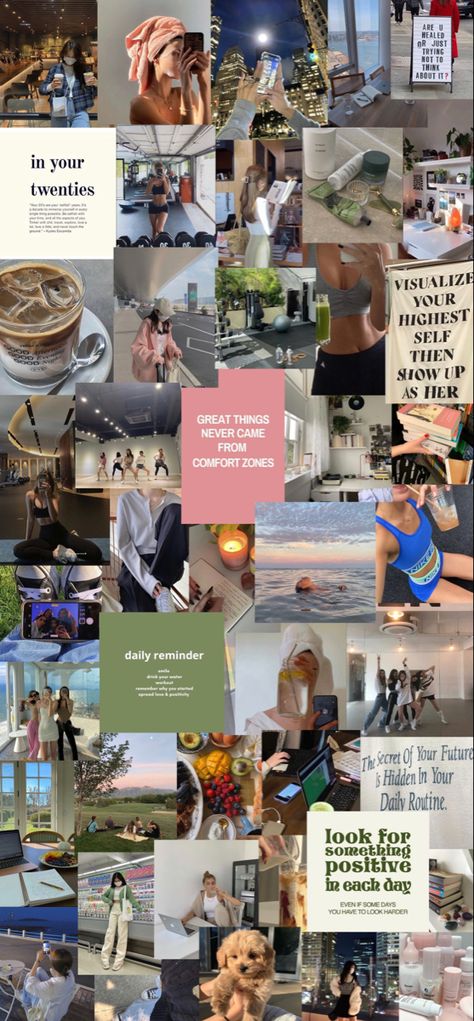 iphone lock screen vision board In Your Twenties Vision Board, Vision Board Screen Saver, Collage Wallpapers, Aesthetic Paper, Vision Board Pics, College Vision Board, Vision Board Collage, Iphone Lock Screen, 2023 Goals