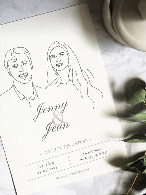 Wedding invite with simple line illustration of couple. Mockup design of save the date. Simple Line Illustration, Illustration Of Couple, Face Doodles, Illustrated Wedding Invitations, Minimal Graphic Design, Wedding Drawing, Wedding Save The Date, Line Illustration, Design Minimal