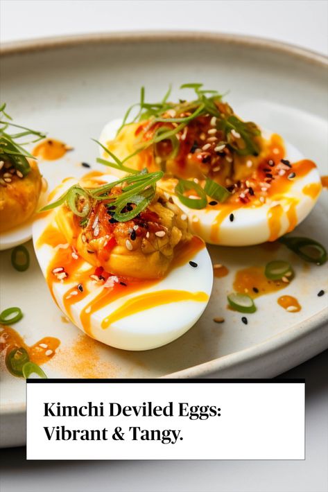 Marinated Jammy Eggs, Kimchi Deviled Eggs, Brisket Deviled Eggs, Asian Deviled Eggs, Marinated Eggs, Devil Eggs, Tapas Appetizers, Devilled Eggs, Finger Food Ideas